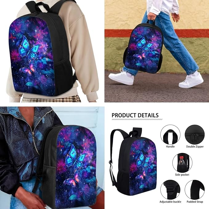 Mumeson Galaxy Butterfly School Backpack Lightweight Outdoor Casual Daily Daypack 3 in 1 Backpack Insulated Thermal Lunch Bag Tote Bag Pencil Stationery Storage Pouch Pencase - Image 5