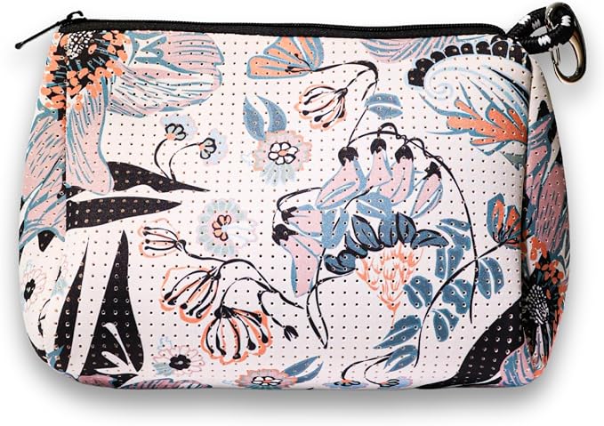POPUPS Brand Large Makeup Bag with Zipper - Neoprene Machine Washable Travel Toiletry Cosmetic Organizer Pouch for Women (Print Blossom White) by POPUPSBrand