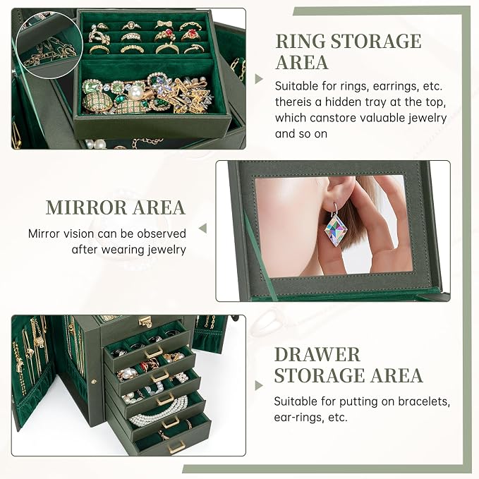 AKOZLIN 6-Tier Jewelry Box Organizer Functional 5 Drawers Leather Jewelry Storage Case for Women Girls Ring Necklace Earring Bracelet Holder Organizer with Mirror DrakGreen Regular - Image 2