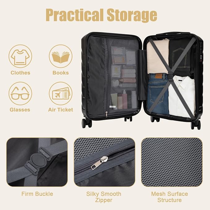 GDFStudio 20" ABS Hardshell Checked Luggage, Medium Capacity Travel Suitcase with Scratch Resistant Surface, 360° Silent Spinner Wheels, Combination Lock, Telescopic Handle and Side Hooks, Black - Image 5