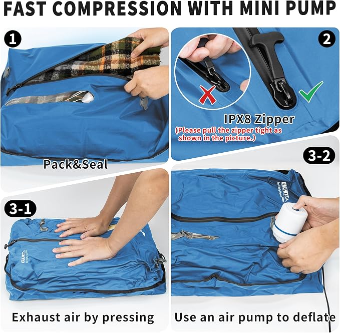 Eulant Travel Vacuum Bags with Pump,Professional IPX8 Waterproof Vacuum Compression Bag for Carry-On Suitcase & Travel Backpack,Space Saver Bags Packing Organizers(3 Pack,Blue) - Image 7