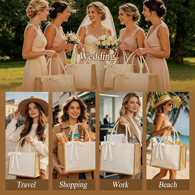 Burlap Tote Bag Set with Ribbon, Reusable Blank Water Resistant Grocery Bags - Image 4
