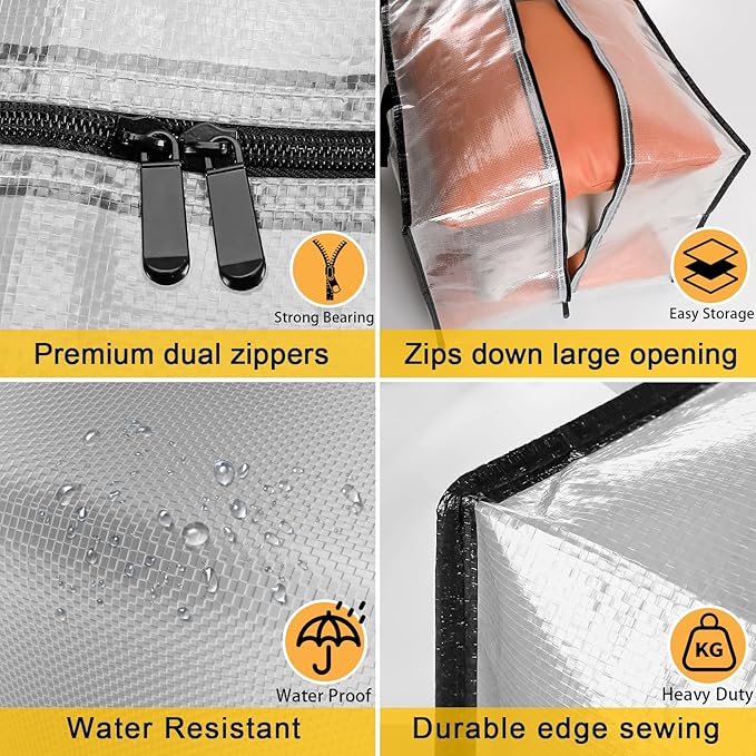 Heavy Duty Extra Large Clear Moving Bags with Strong Zipper Handles | 4 Pack Clothes Storage Bags Totes Space Saving Moving Boxes Bins Packing Bags for College Dorm Compatible with Ikea Frakta - Image 6