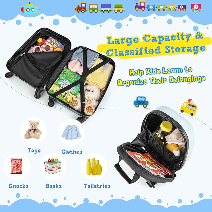 HONEY JOY Kids Luggage, 12" Toddler Backpack & 16" Travel Suitcase with Wheels, Lightweight Toddler Girls Suitcase, Durable ABS Hardshell, 2Pcs Carry On Luggage Set for Boys Girls(Car) - Image 7