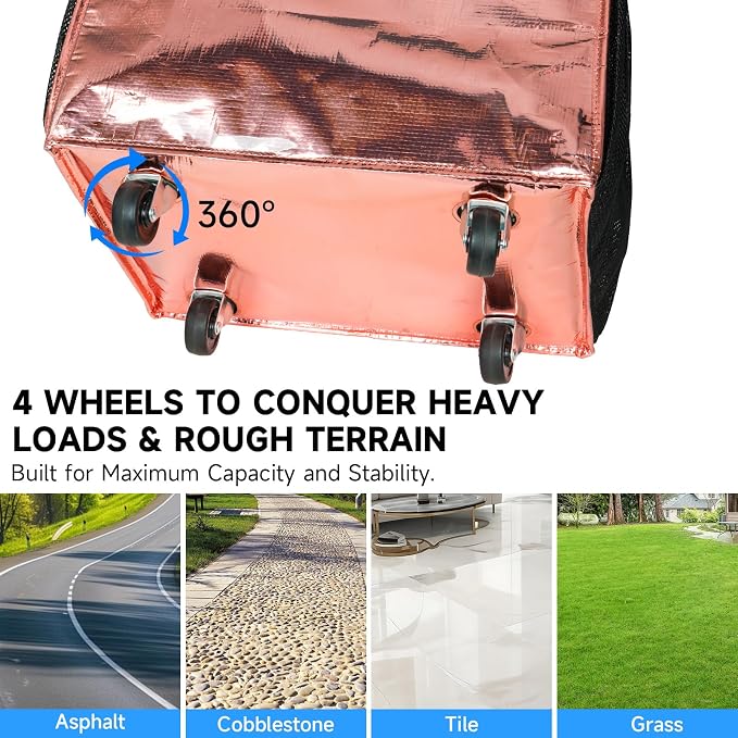 Reusable Grocery Bag On Wheels, 70L Foldable Rolling Tote Bag with 6 Pockets, Heavy Duty Shopping Cart, Collapsible Portable Shopping Cart, Zipper Closure for Travel Shopping Moving, Medium, Rose Gold - Image 4