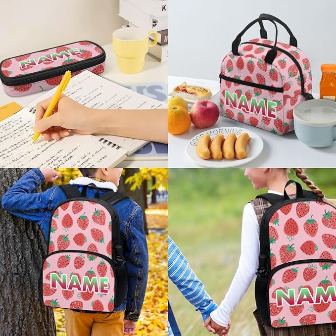 Red Strawberry Student Backpacks, Cartoon Fruit School Bookbag for College Laptop Backpack, Pink Lunch Bag Water Bottle Holder 4 Set Pen Bags - Image 4