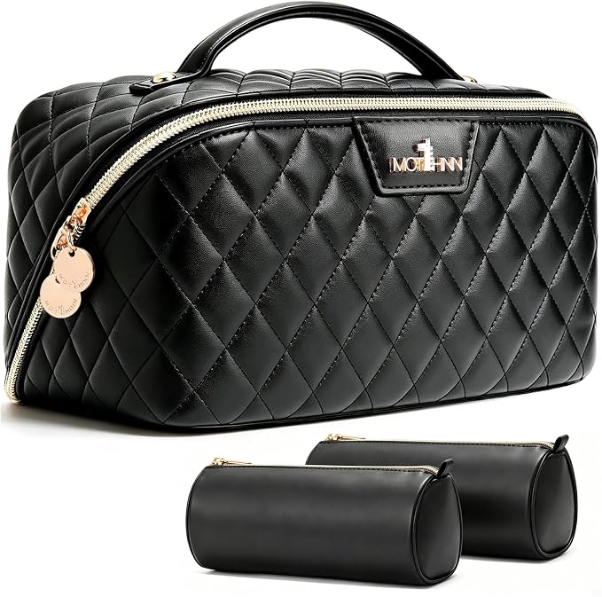 Travel Makeup Bags Cosmetic Organizer: 3Pcs Set Puffy Make up Bag for Women | Black Premium Quilted ELEGANCE Design | Large Capacity Leather Toiletry Bags | Wide Open Compact Case for Travel Essentials by Unknown