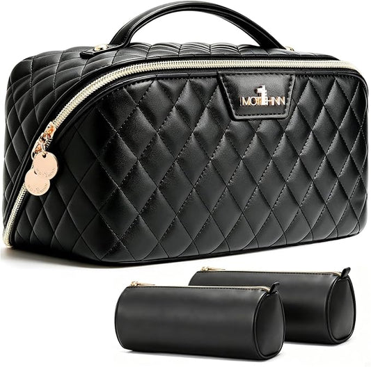 Travel Makeup Bags Cosmetic Organizer: 3Pcs Set Puffy Make up Bag for Women | Black Premium Quilted ELEGANCE Design | Large Capacity Leather Toiletry Bags | Wide Open Compact Case for Travel Essentials by Unknown