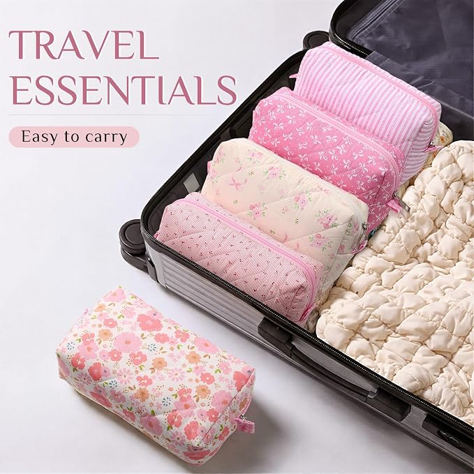 Paterr 10 Pcs Quilted Makeup Bag Bulk Cotton Floral Cosmetic Bag Women Girls Bridesmaid Gifts Cute Makeup Pouch Coquette Aesthetic Travel Toiletry Organizer(Bow Floral,7.87 x 4.72 x 3.15 Inches) - Image 6