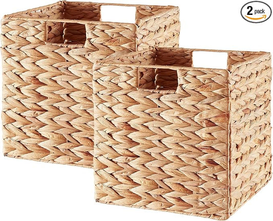 Vagusicc Wicker Storage Basket, Set of 2 Water Hyacinth Storage Baskets for Organizing, 11x11x11 Storage Cube Bins, Wicker Storage Cubes, Natural Foldable Square Baskets for Shelf Laundry Organizer by Vagusicc