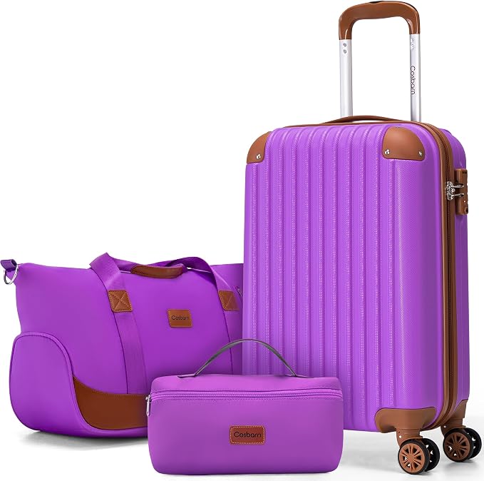 Cosbarn Carry On Luggage Sets 3 Piece, 20 Inch Luggage 22x14x9 Airline Approved with Wheels and TSA Lock, ABS Lightweight Hardshell Travel Suitcase Set with Duffel Bag Travel Bag for Men Women by Cosbarn