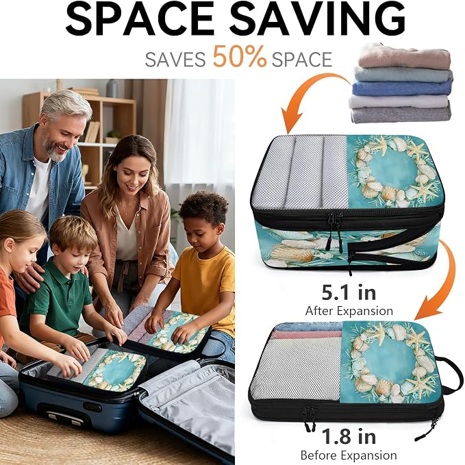 Beach Theme Starfish Shell Compressible Packing Cubes for Suitcase 6 Set Lightweight Expandable Compression Packing Travel Luggage Organizer - Image 6