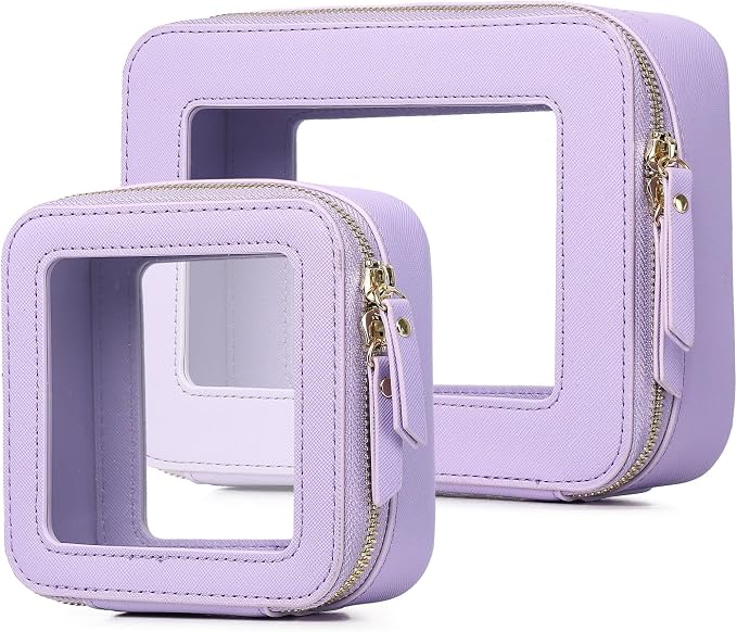 Pinkmik Clear Makeup Bag Waterproof Travel Case for Cosmetics and Toiletries Women's Purse Organizer and Clear Car Bag with Zipper (X/Purple, M+MINI) by Pinkmik