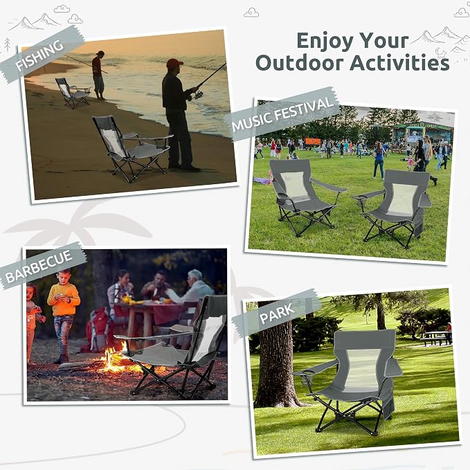 HaSteeL Folding Beach Chair Set of 2, Foldable Grey Camping Chairs for Outside, Low Beach Chair Portable for Adults Fishing, Picnic, Outdoor BBQ, Travel, Sports, Cup Holder & Storage Bag - Image 8