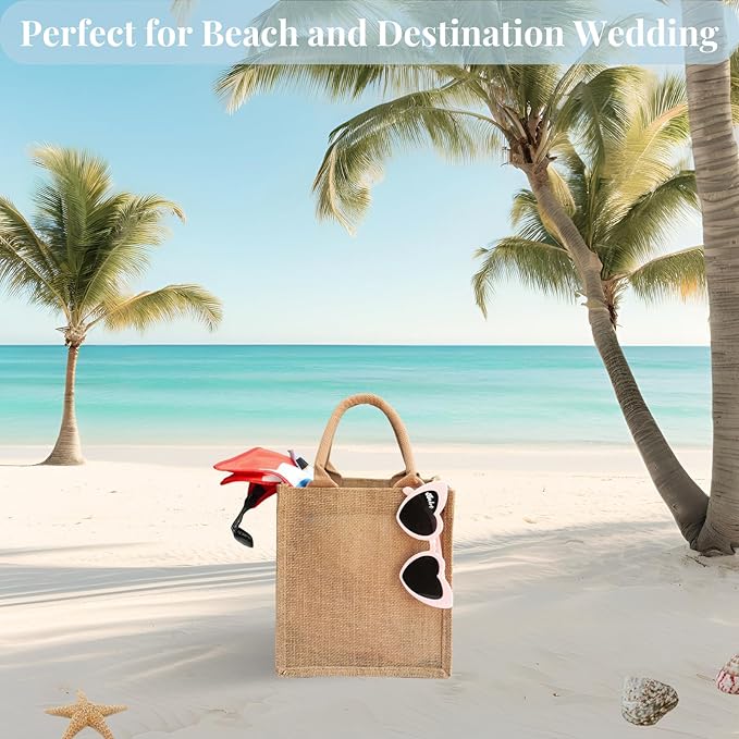 10 Pack Small Burlap Gift Bags with Blue Ribbons for Bachelorette, Bridesmaid, Wedding Welcome Reusable Jute Tote - Image 6