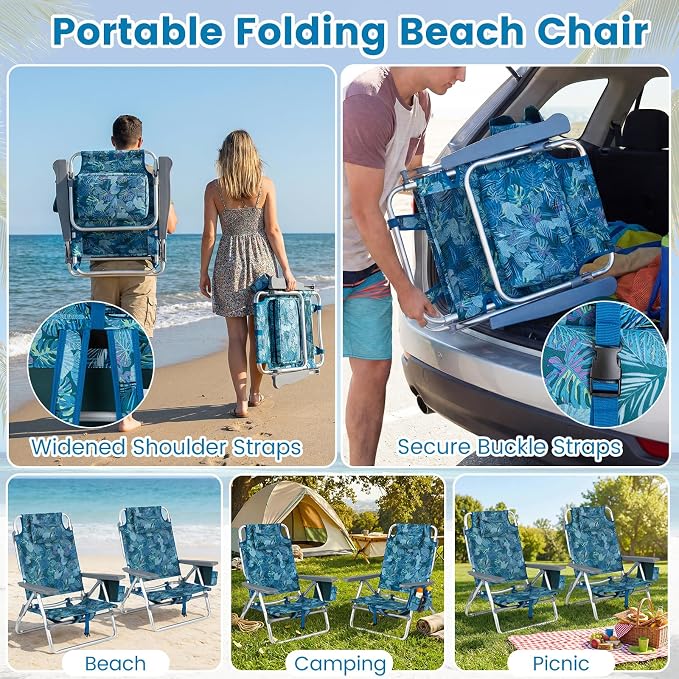 Giantex Folding Beach Chair, Patio Sling Chairs with 5 Adjustable Position, Head Pillow, Storage Bag, Towel Bar, Cup Holders, Backpack Chairs for Sunbathing, Camping Chair - Image 5
