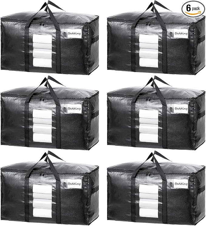 TAILI Extra Large Moving Bags, 6 Pack Black Heavy Duty Totes For Storage with Visible Window, Wrap Around Handles, Storage Bags for Space Saving, Alternative to Moving Boxes by TAILI