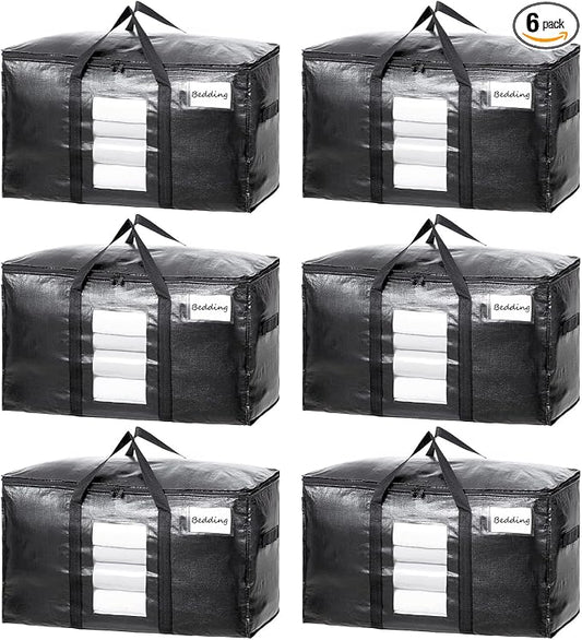 TAILI Extra Large Moving Bags, 6 Pack Black Heavy Duty Totes For Storage with Visible Window, Wrap Around Handles, Storage Bags for Space Saving, Alternative to Moving Boxes by TAILI