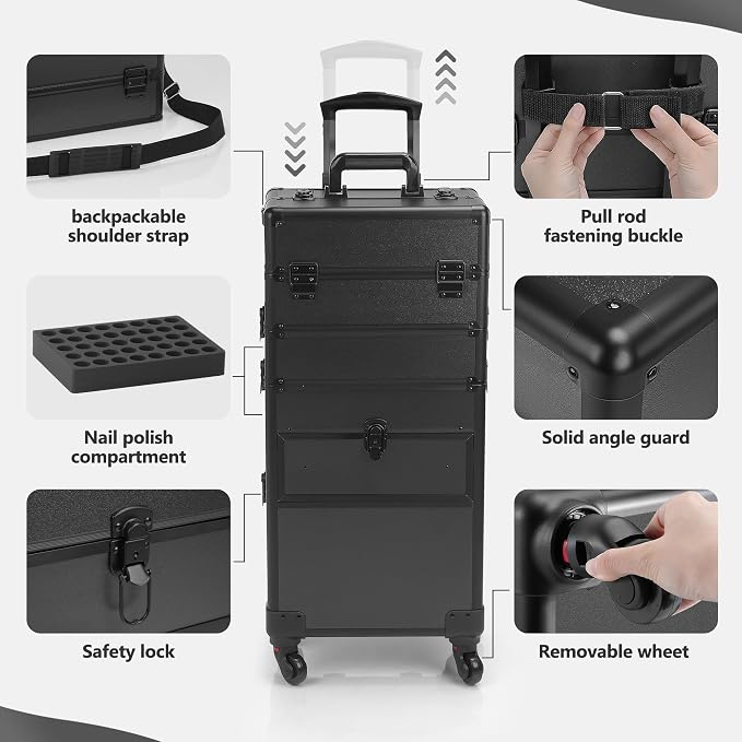 Somduy 4 in 1 Rolling Makeup Case on Wheels with Drawer and Professional Cosmetic Organizers for Salon Barber - Bright Black - Image 6