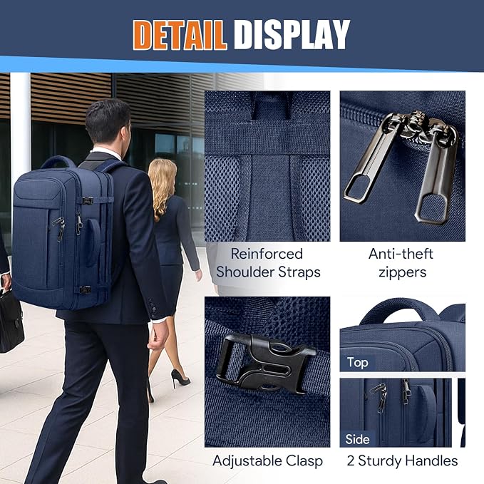 Expandable Carry On Backpack 45L, Large Travel Weekender Bag with Waterproof Wet Pocket, Anti-Theft TSA 17.3 Inch Laptop Rucksack for Men Women Flight Approved Business, Blue - Image 4