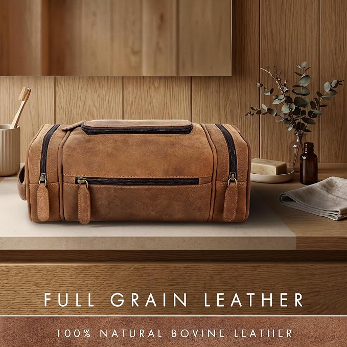 ELIZO Real Leather Toiletry Bag for Men - Extra Large Hanging Travel Organizer for Toiletries, Ideal for Dopp Kit & Shaving Kit for Men, Essential Mens Travel Toiletry Bag for Toiletries (Saddle) - Image 4
