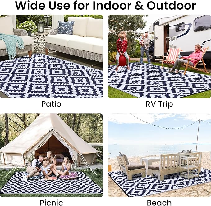 Smiry Waterproof Outdoor Rug 9x12 ft, Reversible Plastic Straw Patio Camping Rugs, Outdoor Indoor RV Mat Carpet for Patio, Outside Entry, Backyard, Deck, Bench, Picnic, Camper, White & Navy - Image 8