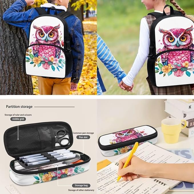 4Pcs Kids Backpack Students Schoolbag Set Colorful Owl School Backpack with Lunch Bag Water Bottle Holder Bag Pencil Case for Boys Girl Back to School - Image 4