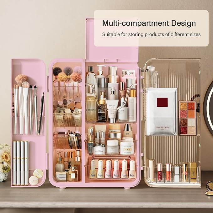 UAK Makeup Organizer with Drawers for Vanity, Cosmetic Display Case with Brush Holders, Storage for Skincare Countertop Bathroom (Pink) - Image 3