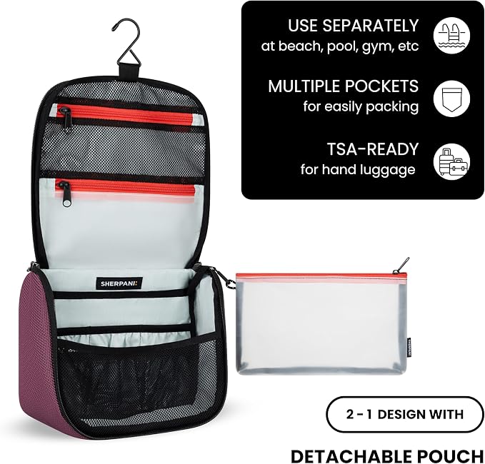 Sherpani Co-Pilot, Travel Toiletry Bag, Hanging Cosmetic Organizer, Water Resistant Makeup Bag, Shower Dopp Kit, Essentials Toiletries for Women, Travel Gift (Smoky Orchid) - Image 5