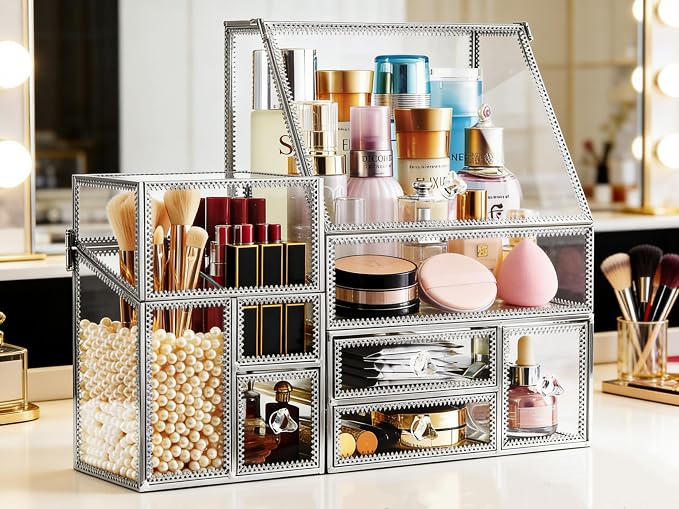 Tempered Glass Makeup Organizer with Heart Shaped Metal Frame, Large Cosmetic Storage Drawer Cabinet, Dustproof Vanity Display Case for Lipstick Makeup Brush Skincare Bathroom Bedroom - Image 4