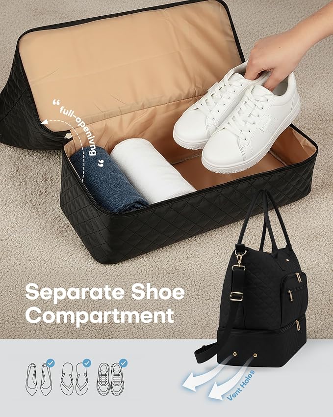 HOTOR Travel Duffle Bag for Women - Carry on Bag with Toiletry Pouch & Shoe Compartment, Large Overnight Weekender Bags for Gym, Business Trips, Sports and Hospital, Black, 17.3" x 7.9" x 13.4" - Image 9