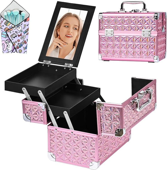 Makeup Case Organizer,Makeup Train Case, Trays Cosmetic Box Portable, Profesional for Salon Barber,Pink by Unknown