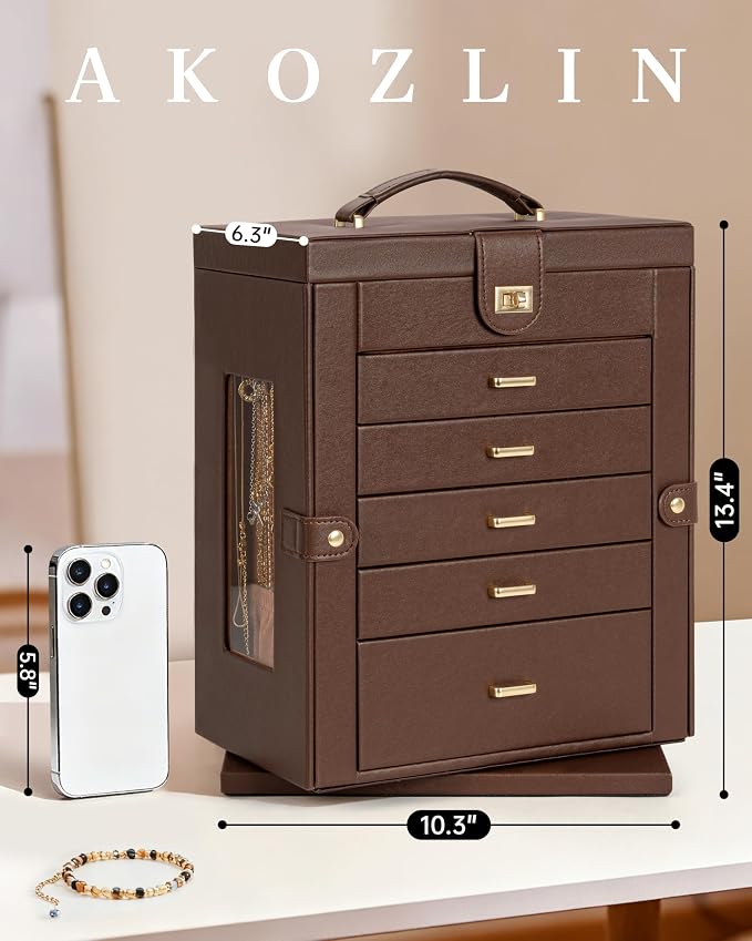 AKOZLIN 6-Tier Jewelry Box Organizer Functional 5 Drawers Leather Jewelry Storage Case for Women Girls Ring Necklace Earring Bracelet Holder Organizer with Mirror XL Brown 360° Rotating - Image 2