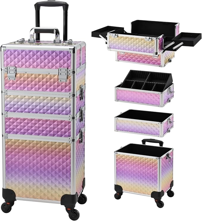 Yueieoun Makeup Case on Wheels, Rolling Train Case, 4-in-1 Makeup Trolley, Cosmetic Cases Makeup Travel Cart with Key for MUA, Hairstylists, Nail Tech, Gradient Purpple by Yueieoun