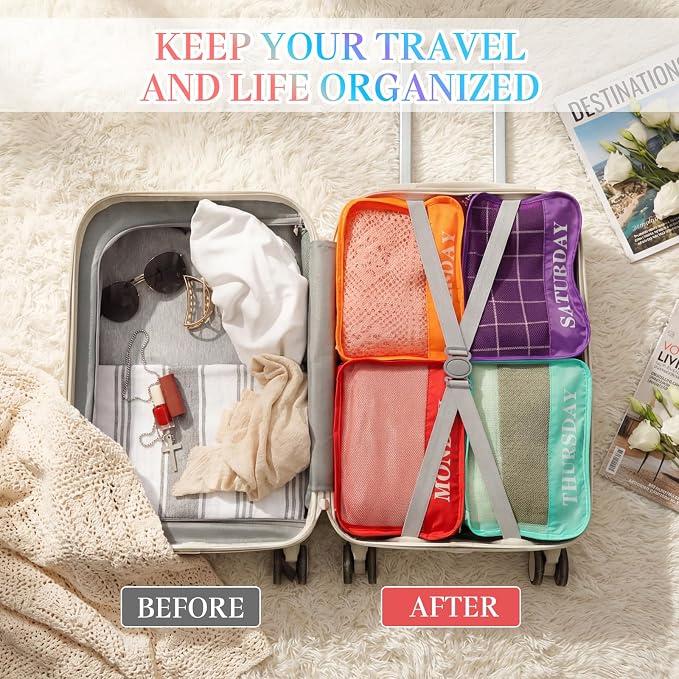 Days of Week Packing Cubes Summer Camp Essentials Weekly Organizer Storage Bag School Clothes for Travel Kids Family(9x7x3inch,Rainbow,32) - Image 4