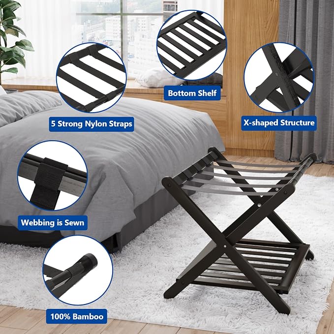 Smuxee Fully Assembled Luggage Rack for Guest Room, Upgraded Bamboo Foldable Suitcase Stand with 5 Nylon Straps, Luggage Holder with Shelf for Bedroom Hotel - Image 3
