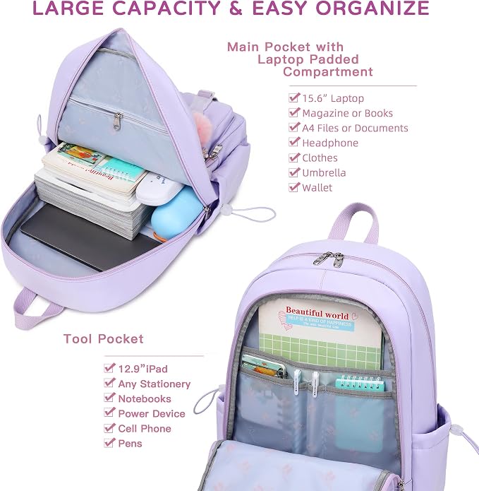 Laptop Backpack 15.6 Inch Elementary Middle High School Bag College Backpacks with Lunch Box Pencil Pouch 3 PCS Set Travel Bookbags for Teens Girls Women Students (Purple) - Image 3