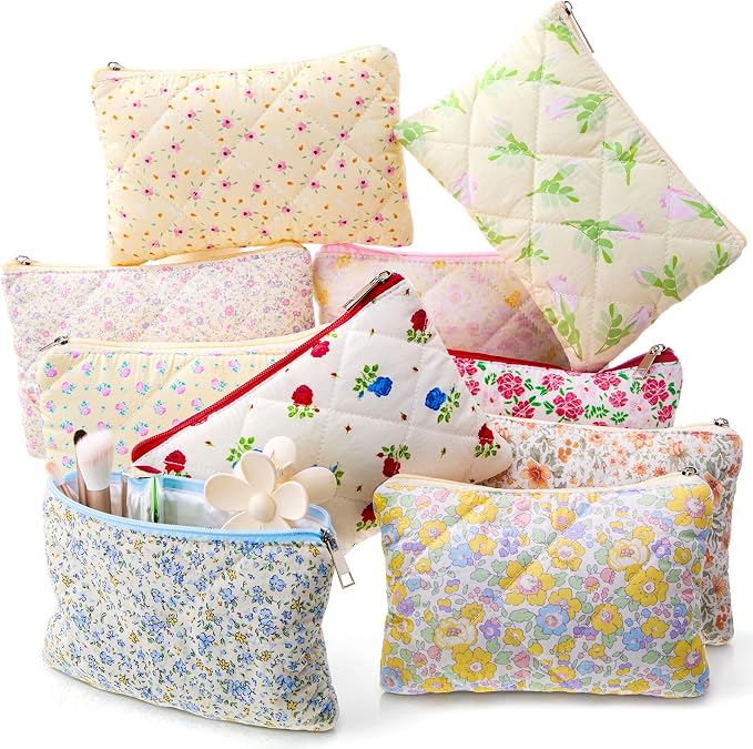 Paterr 10 Pcs Quilted Makeup Bag Bulk Cotton Floral Cosmetic Bag Women Girls Bridesmaid Gifts Cute Makeup Pouch Coquette Aesthetic Travel Toiletry Organizer(Rustic Floral,9.06 x 5.91 Inches) by Paterr
