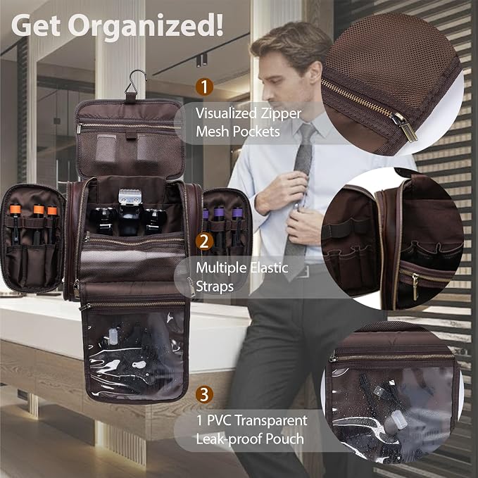 Personalized Leather Toiletry Bag for Men Women, Genuine Leather Toiletries Organizer, Travel Hanging Large Bathroom Shaving Kit, Gift Ideas for Groomsmen, Dad, Husband, Boyfriend, Birthday, Christmas - Image 5