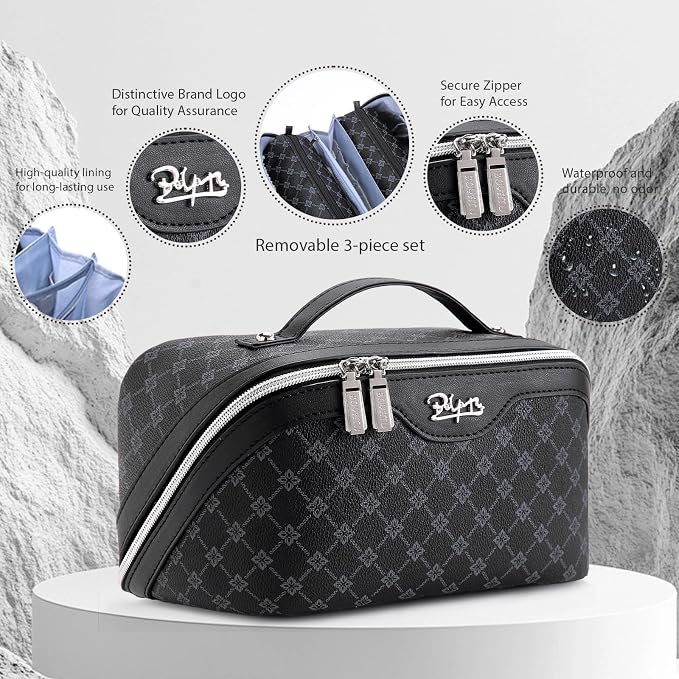 BOYATU Travel Makeup Bag Cosmetic Bags for Women: 3 Pcs Set Large Capacity Make up Bag with Handle - Vegan Leather Toiletry Bags with Compartments - Makeup Organizer for Travel Essentials(A-7-Black) - Image 2