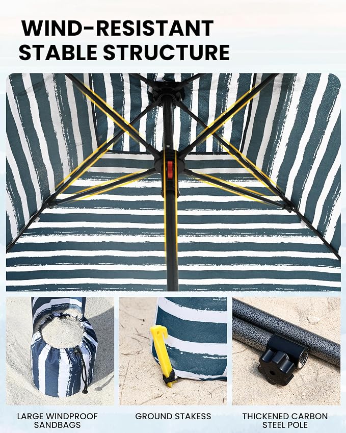 Qipi Beach Cabanas for Sand, Beach Canopy with Sandbags & Side Wall for Family, Easy Set Up Sun Shelter, UPF 50+ UV Protection with Roof Vent - Image 4