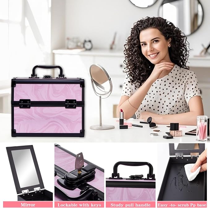 Makeup Train Case, Portable Makeup Case with Mirror, 2-Trays Cosmetic Organizer Case,Nail Polish Organizer, Travel Makeup Box, Profesional for Salon Barber, Pattern Black Pink - Image 6