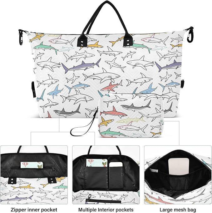 Weekender Bags Travel Duffel Gym Bag Carry on Overnight Tote Bag with Toiletry Bag for Airplane Travel Trip Gym Yoga (Drawing Sharks 2) - Image 2