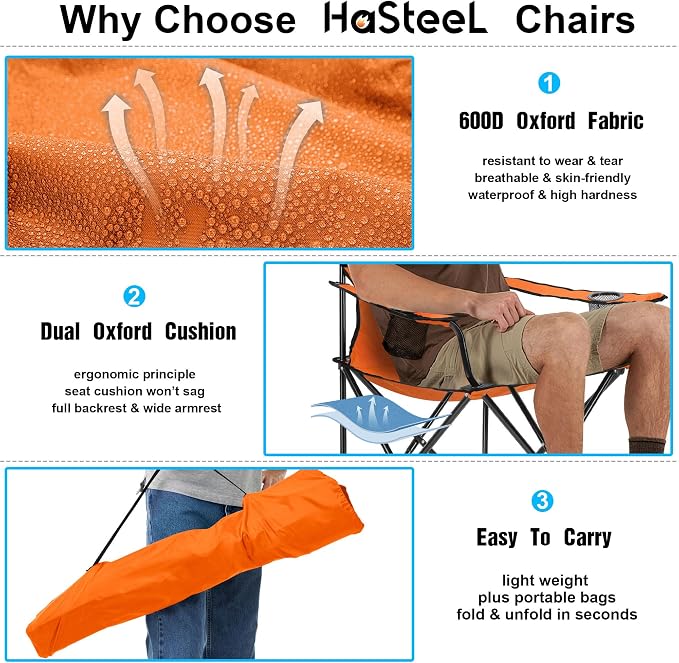 HaSteeL Camping Chair for Adults, Folding Beach Chair Set of 2, Large Foldable Portable Chair for Outdoors Fishing, Hiking, Sporting, Travel, Picnic, Lawn, Hold 275lbs & A Storage Bags (Orange) - Image 4