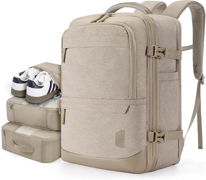 BAGSMART Compression Travel Backpack, 40L Expandable Carry On Backpack with Packing Cubes, Water Resistant Weekender Backpack Fits 17 Inch laptop, Large Overnight Luggage Daypack with Shoe Bag, Khaki | Khaki weekender bag fits 17" laptop. Water resista... by BAGSMART