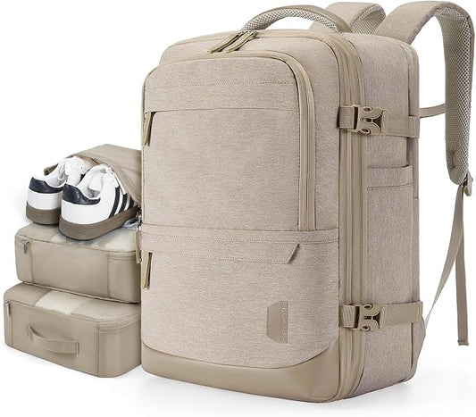 BAGSMART Compression Travel Backpack, 40L Expandable Carry On Backpack with Packing Cubes, Water Resistant Weekender Backpack Fits 17 Inch laptop, Large Overnight Luggage Daypack with Shoe Bag, Khaki | Khaki weekender bag fits 17" laptop. Water resista... by BAGSMART