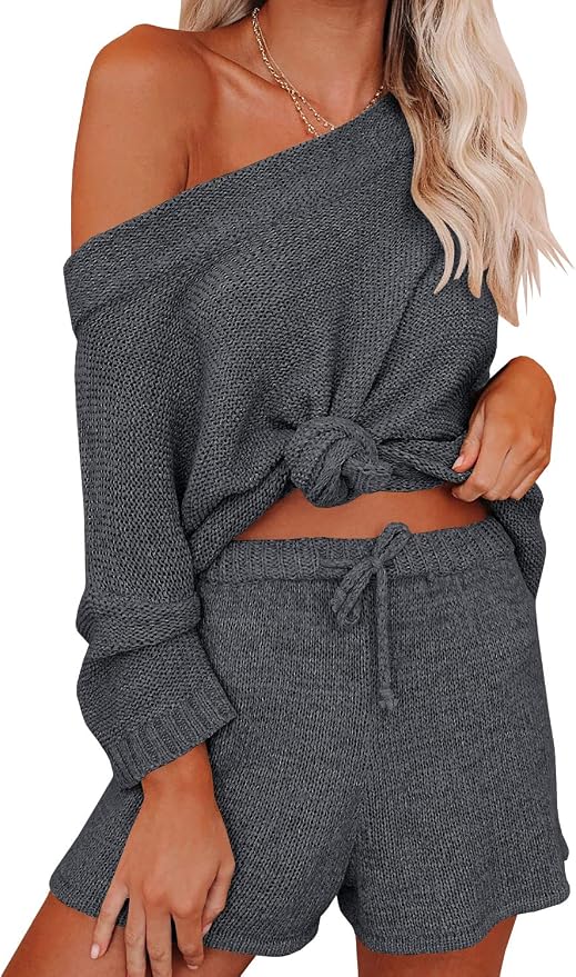 Ermonn Womens 2 Piece Outfits Sweater Sets Off Shoulder Knit Tops Waist Short Suits Casual Pajama Set - Image 2