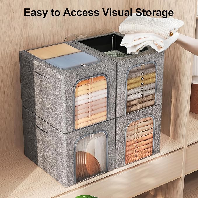 GoMaihe Clothes Storage Bins with Metal Frame, 4-Pack Closet Storage Bins with Lid & Clear Window, Sweater Boxes Organizer for Closet, Clothing Storage, Cationic Fabric 40L - Image 5
