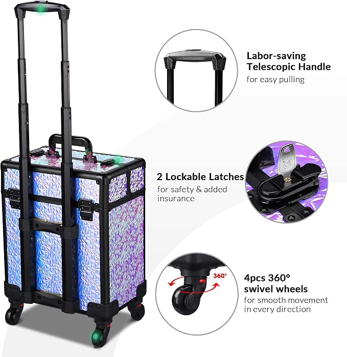 BYOOTIQUE Rolling Makeup Case Cosmetology case on wheels Makeup Artist Nail | Aluminum Rolling Makeup Suitcase with 360° Detachable Wheel Lockable 44Lb Large Capacity Organizer Nail Tech Mermaid Purple - Image 4
