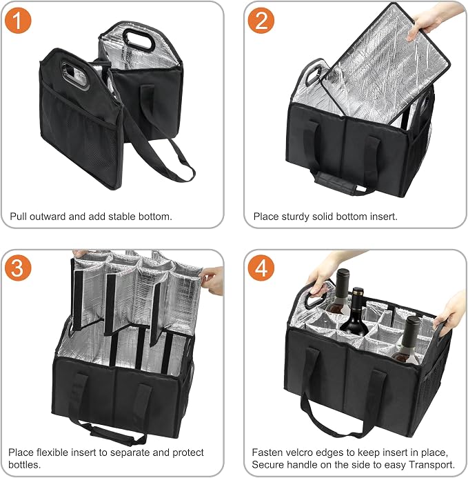 12 Bottle Wine Carrier Collapsible Bottle Caddy with Handles Storage Box for Travel Picnics Weddings Shopping Wine Tasting (Black) - Image 7